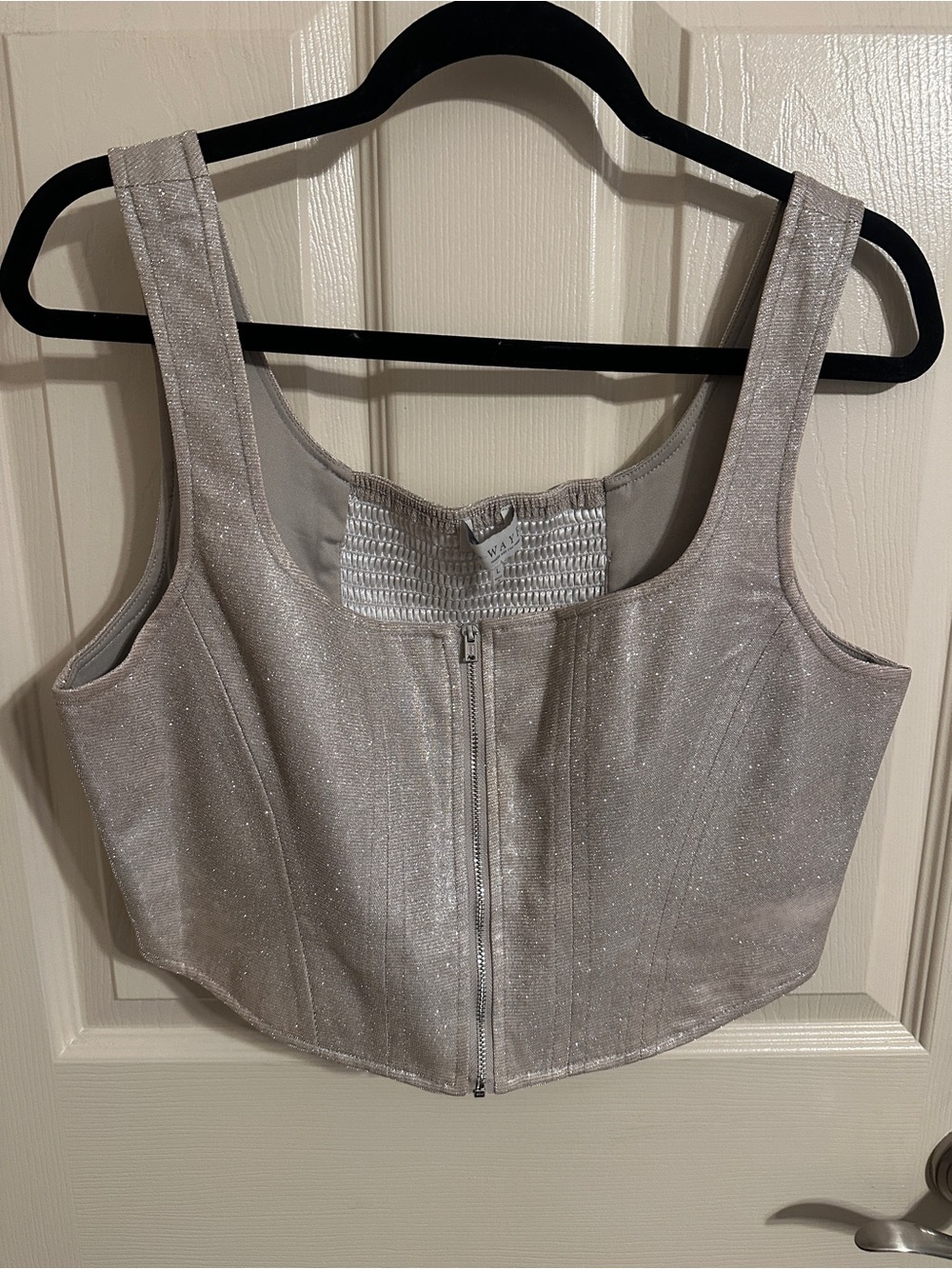 Wayf Champagne Silver Shimmer Metallic Front-Zip Corset Crop Top, Sz L